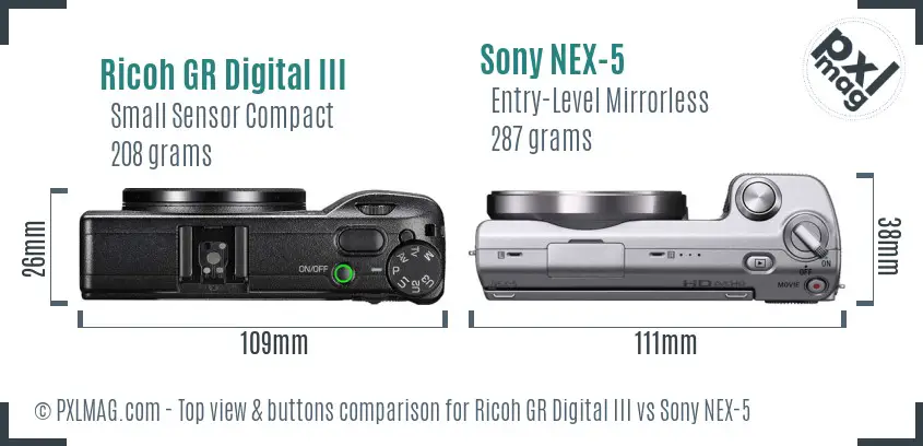 Ricoh GR Digital III vs Sony NEX-5 top view buttons comparison