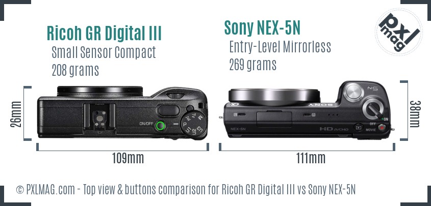 Ricoh GR Digital III vs Sony NEX-5N top view buttons comparison