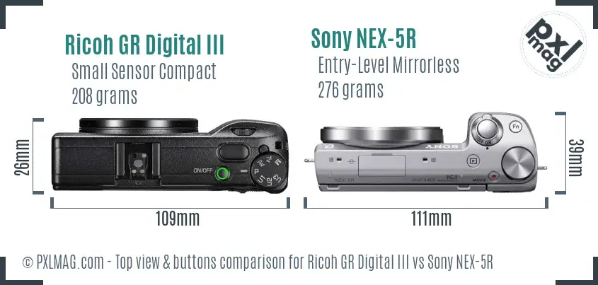 Ricoh GR Digital III vs Sony NEX-5R top view buttons comparison