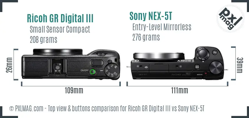 Ricoh GR Digital III vs Sony NEX-5T top view buttons comparison