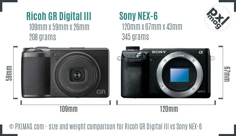 Ricoh GR Digital III vs Sony NEX-6 size comparison