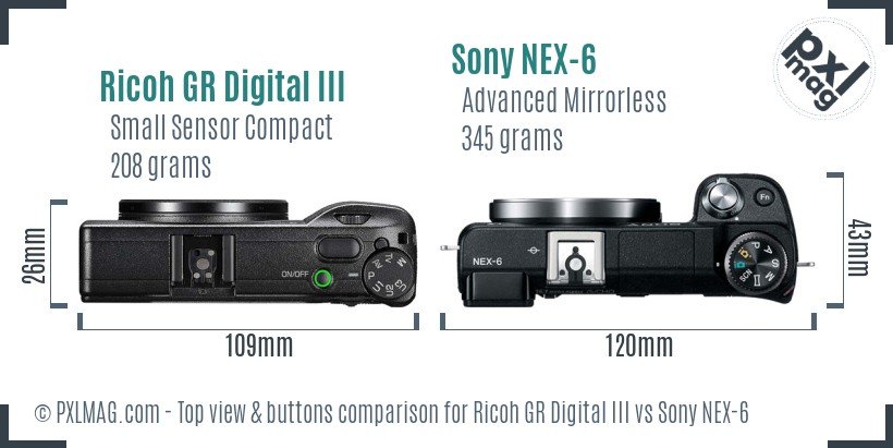 Ricoh GR Digital III vs Sony NEX-6 top view buttons comparison