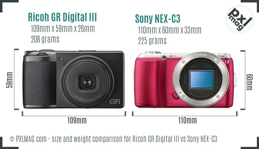 Ricoh GR Digital III vs Sony NEX-C3 size comparison