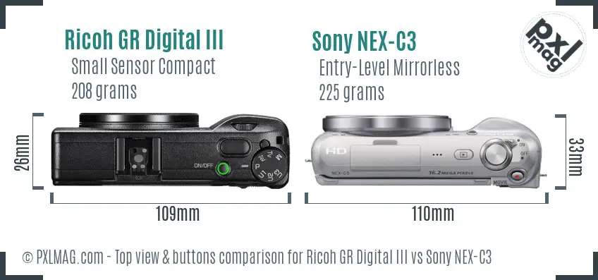 Ricoh GR Digital III vs Sony NEX-C3 top view buttons comparison