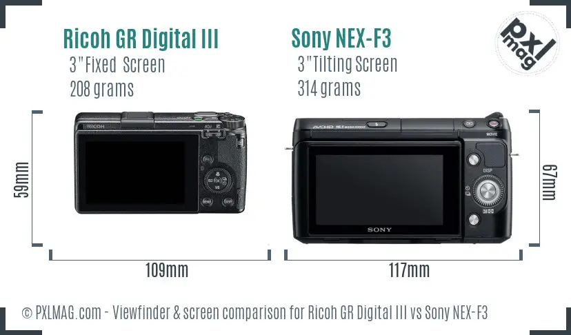 Ricoh GR Digital III vs Sony NEX-F3 Screen and Viewfinder comparison