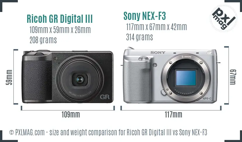 Ricoh GR Digital III vs Sony NEX-F3 size comparison