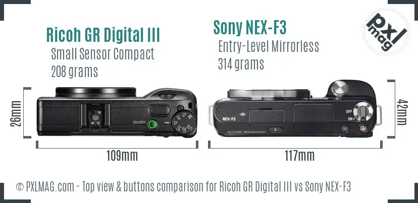 Ricoh GR Digital III vs Sony NEX-F3 top view buttons comparison