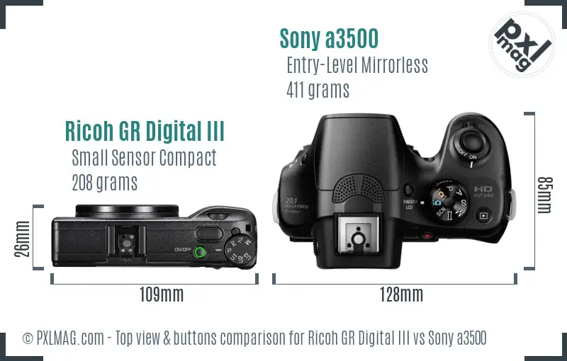 Ricoh GR Digital III vs Sony a3500 top view buttons comparison