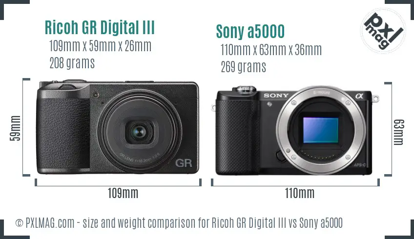 Ricoh GR Digital III vs Sony a5000 size comparison