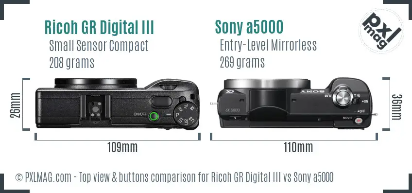 Ricoh GR Digital III vs Sony a5000 top view buttons comparison