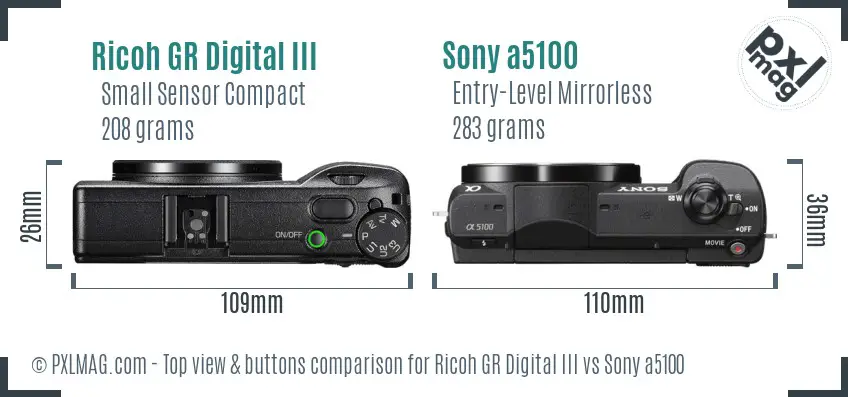 Ricoh GR Digital III vs Sony a5100 top view buttons comparison