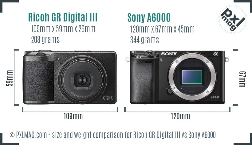 Ricoh GR Digital III vs Sony A6000 size comparison