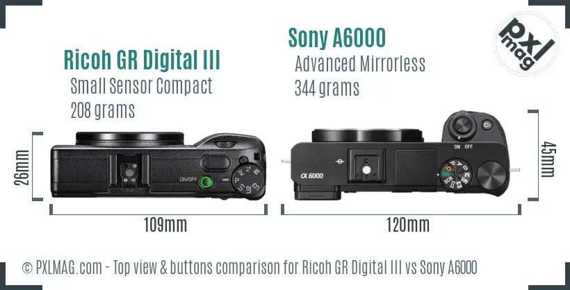 Ricoh GR Digital III vs Sony A6000 top view buttons comparison