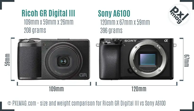 Ricoh GR Digital III vs Sony A6100 size comparison