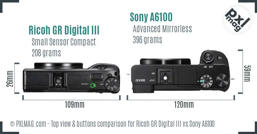Ricoh GR Digital III vs Sony A6100 top view buttons comparison