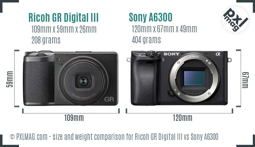 Ricoh GR Digital III vs Sony A6300 size comparison