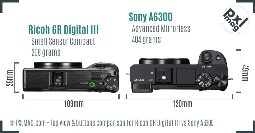 Ricoh GR Digital III vs Sony A6300 top view buttons comparison