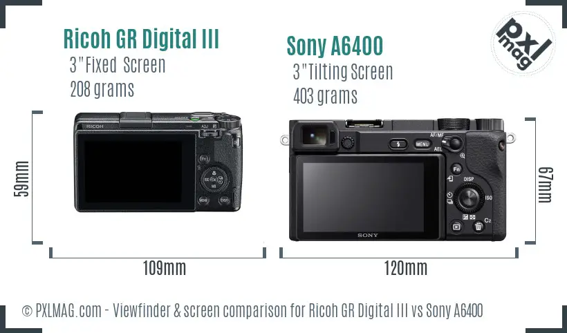 Ricoh GR Digital III vs Sony A6400 Screen and Viewfinder comparison