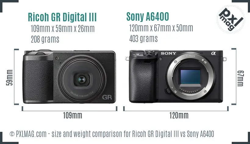 Ricoh GR Digital III vs Sony A6400 size comparison