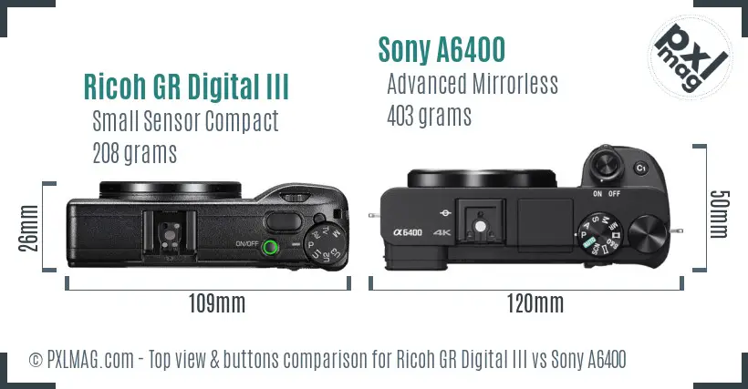 Ricoh GR Digital III vs Sony A6400 top view buttons comparison