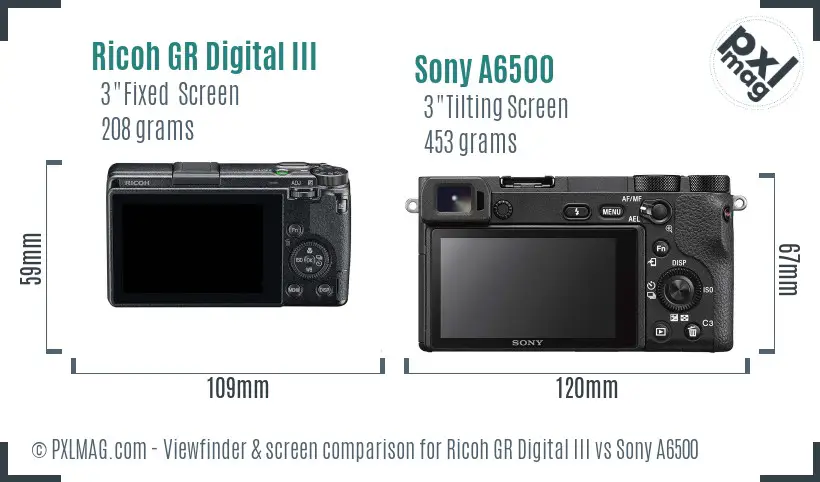 Ricoh GR Digital III vs Sony A6500 Screen and Viewfinder comparison