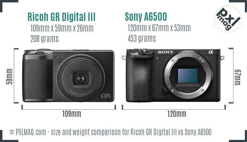 Ricoh GR Digital III vs Sony A6500 size comparison