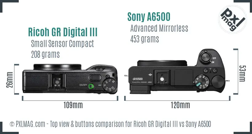 Ricoh GR Digital III vs Sony A6500 top view buttons comparison