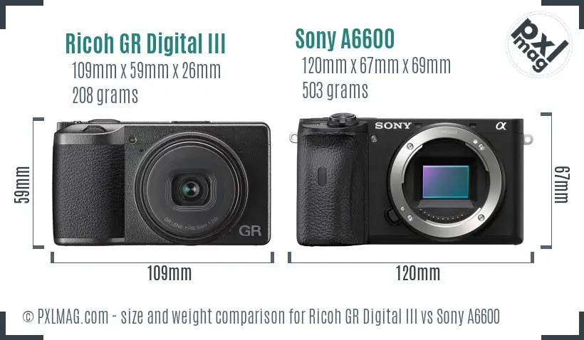 Ricoh GR Digital III vs Sony A6600 size comparison