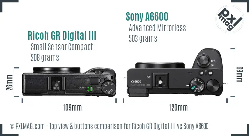Ricoh GR Digital III vs Sony A6600 top view buttons comparison