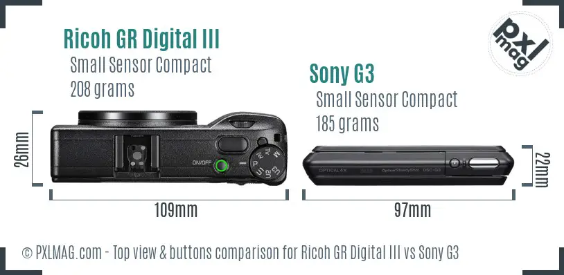 Ricoh GR Digital III vs Sony G3 top view buttons comparison