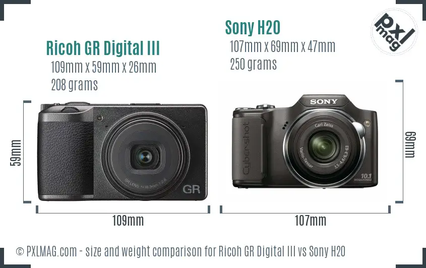 Ricoh GR Digital III vs Sony H20 size comparison