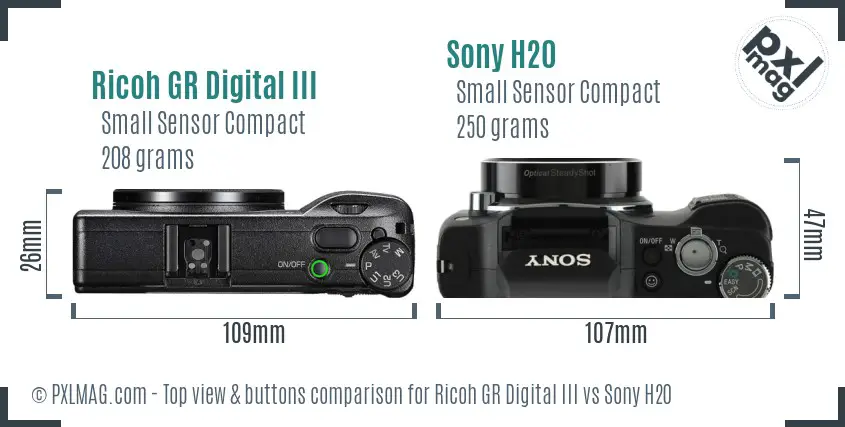 Ricoh GR Digital III vs Sony H20 top view buttons comparison
