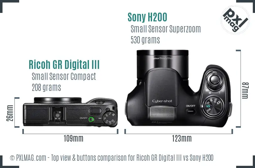 Ricoh GR Digital III vs Sony H200 top view buttons comparison Ricoh GR Digital III vs Sony H200 top view buttons comparison