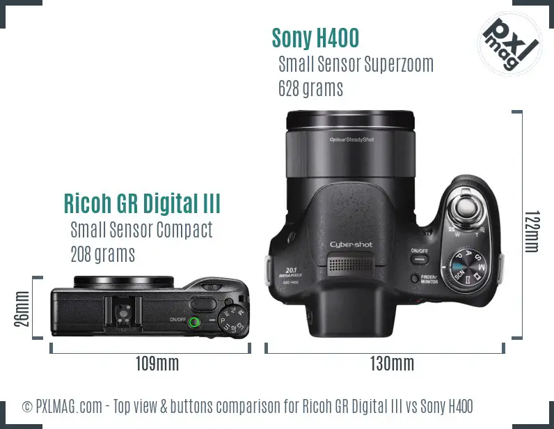 Ricoh GR Digital III vs Sony H400 top view buttons comparison