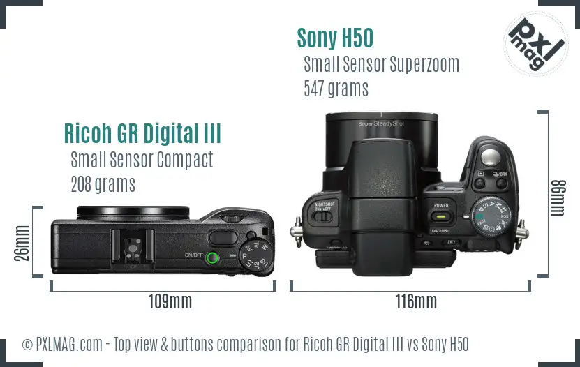 Ricoh GR Digital III vs Sony H50 top view buttons comparison Ricoh GR Digital III vs Sony H50 top view buttons comparison