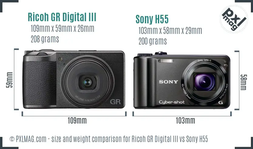 Ricoh GR Digital III vs Sony H55 size comparison