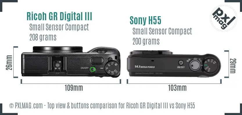 Ricoh GR Digital III vs Sony H55 top view buttons comparison