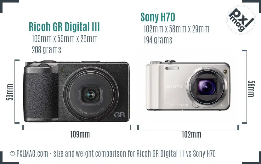 Ricoh GR Digital III vs Sony H70 size comparison