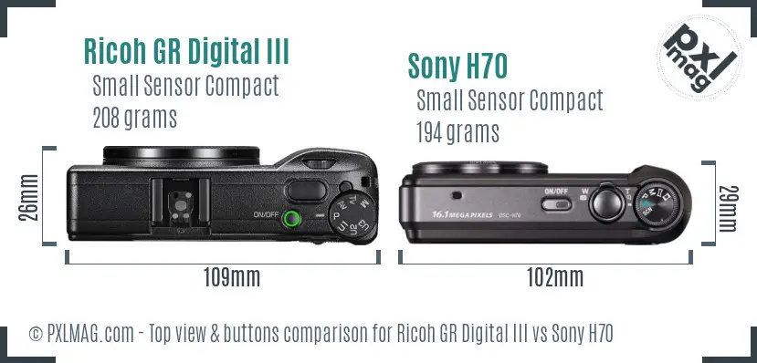 Ricoh GR Digital III vs Sony H70 top view buttons comparison