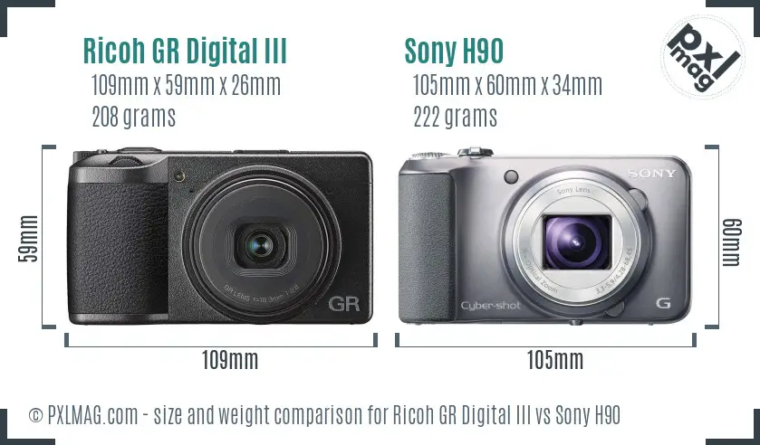 Ricoh GR Digital III vs Sony H90 size comparison