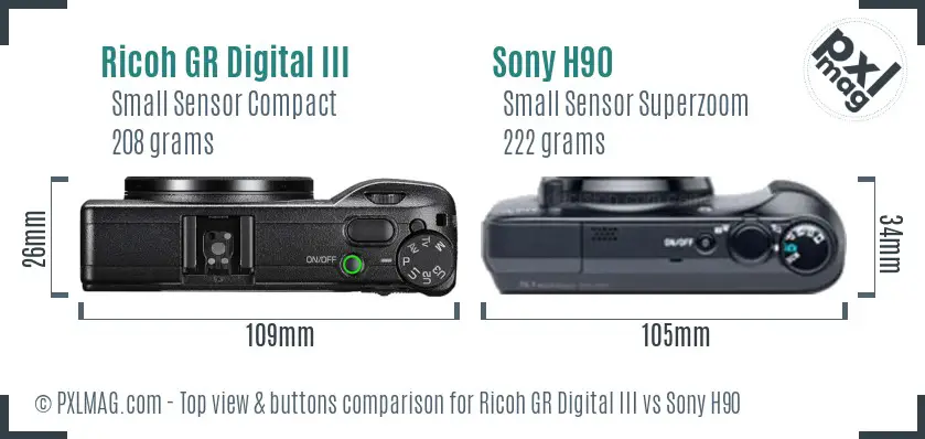 Ricoh GR Digital III vs Sony H90 top view buttons comparison