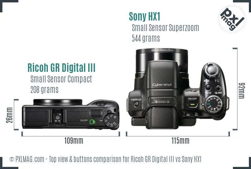 Ricoh GR Digital III vs Sony HX1 top view buttons comparison