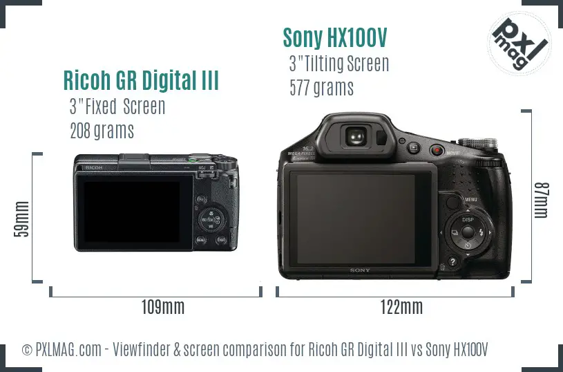 Ricoh GR Digital III vs Sony HX100V Screen and Viewfinder comparison