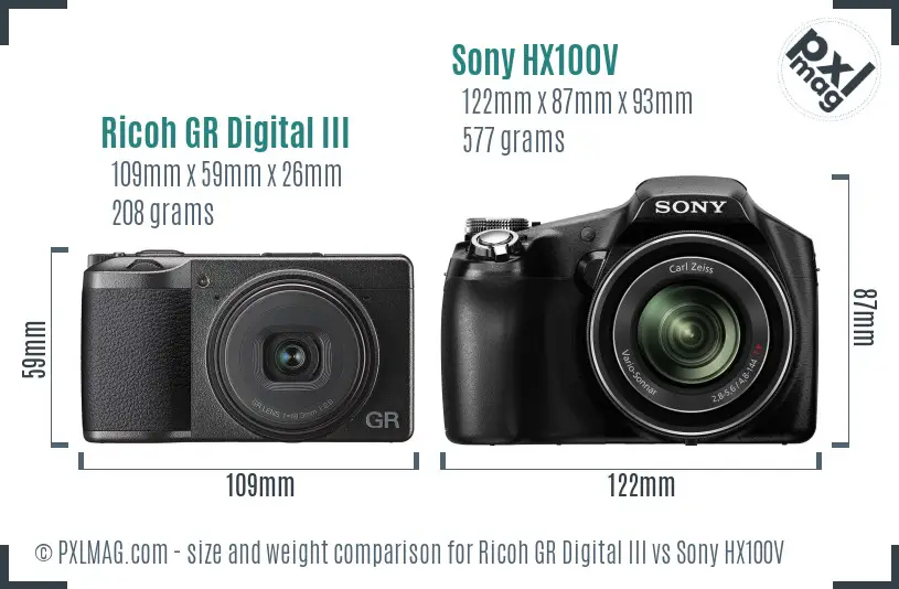 Ricoh GR Digital III vs Sony HX100V size comparison