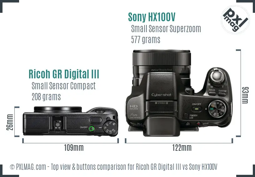Ricoh GR Digital III vs Sony HX100V top view buttons comparison