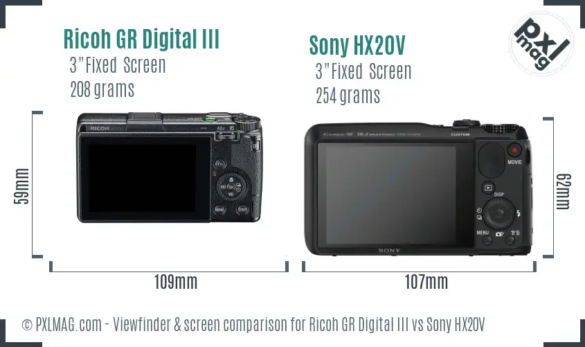 Ricoh GR Digital III vs Sony HX20V Screen and Viewfinder comparison