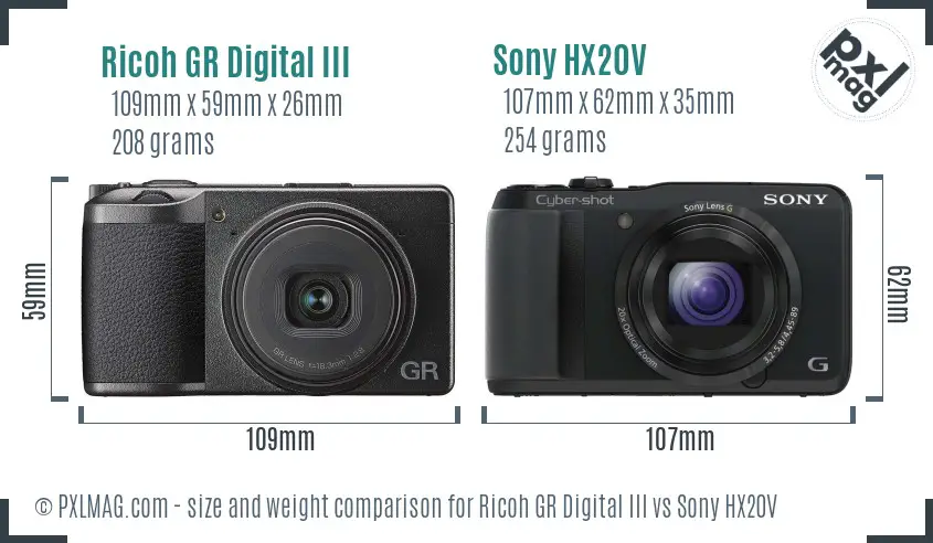 Ricoh GR Digital III vs Sony HX20V size comparison