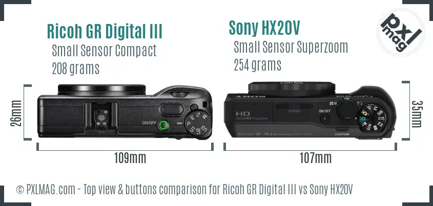 Ricoh GR Digital III vs Sony HX20V top view buttons comparison