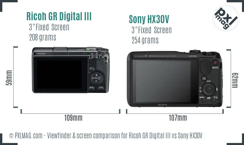 Ricoh GR Digital III vs Sony HX30V Screen and Viewfinder comparison