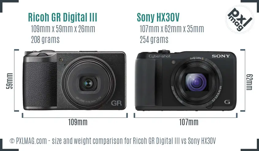 Ricoh GR Digital III vs Sony HX30V size comparison